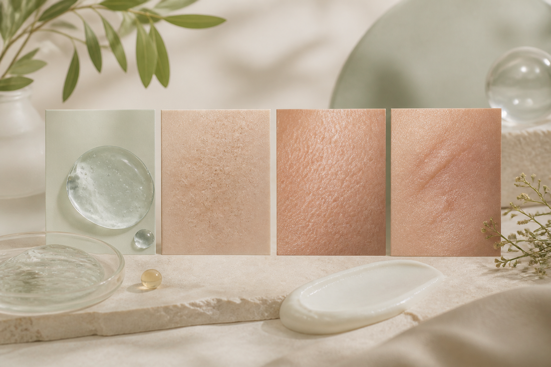 Four refined skin-texture swatches representing hydration, exfoliation, pores and scars