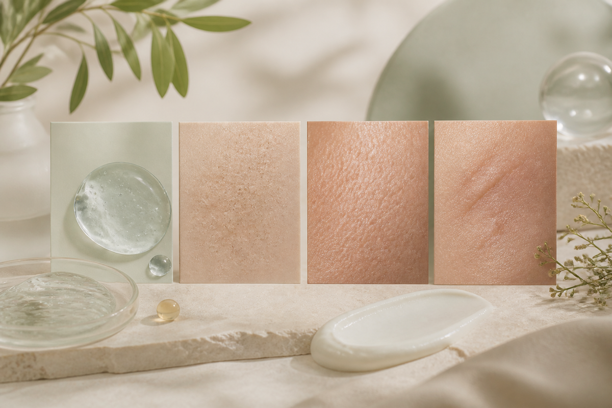 Four refined skin-texture swatches representing hydration, exfoliation, pores and scars