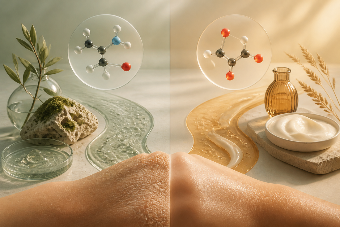 Two parallel skincare texture paths representing urea hydration and lactic-acid exfoliation