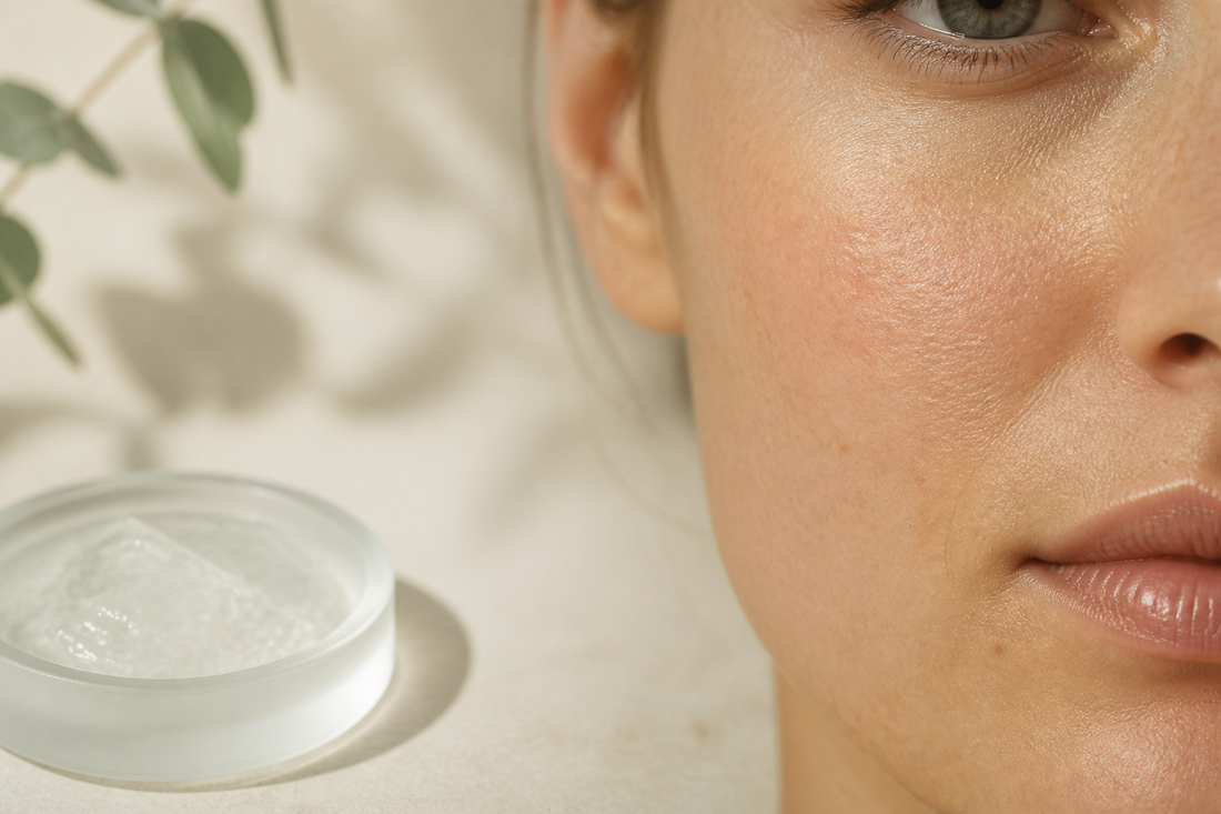 Realistic macro skin texture with visible healthy pores under balanced soft studio lighting