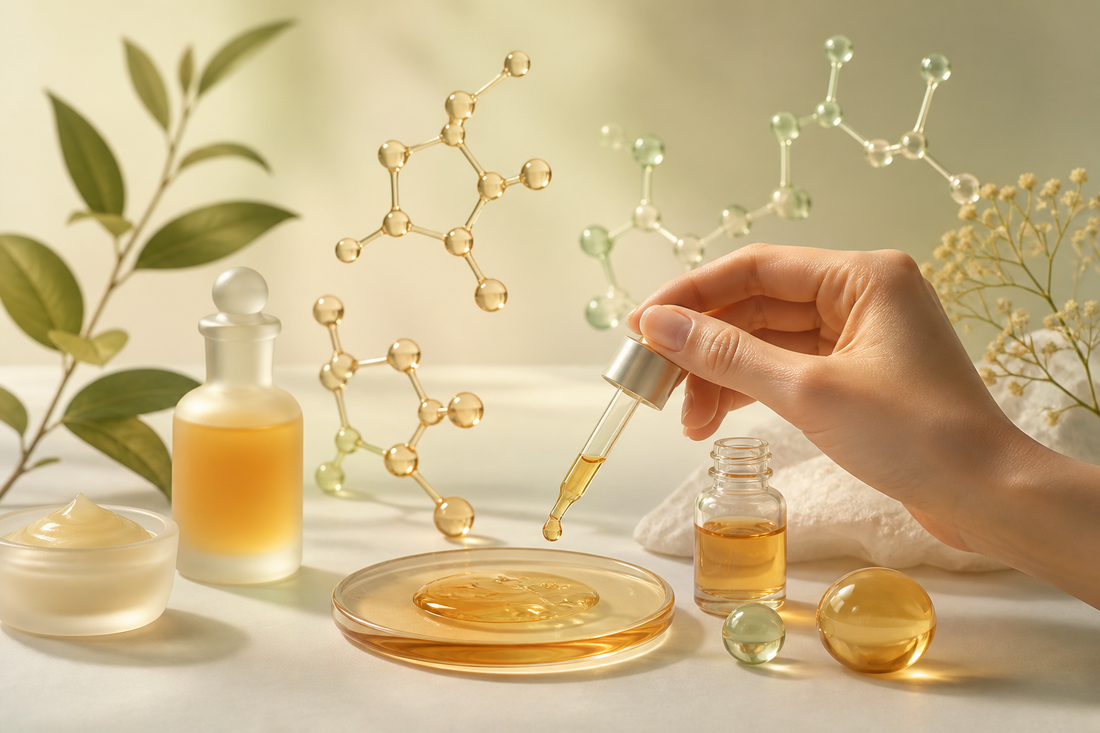A family of related translucent vitamin C molecular forms beside an amber serum