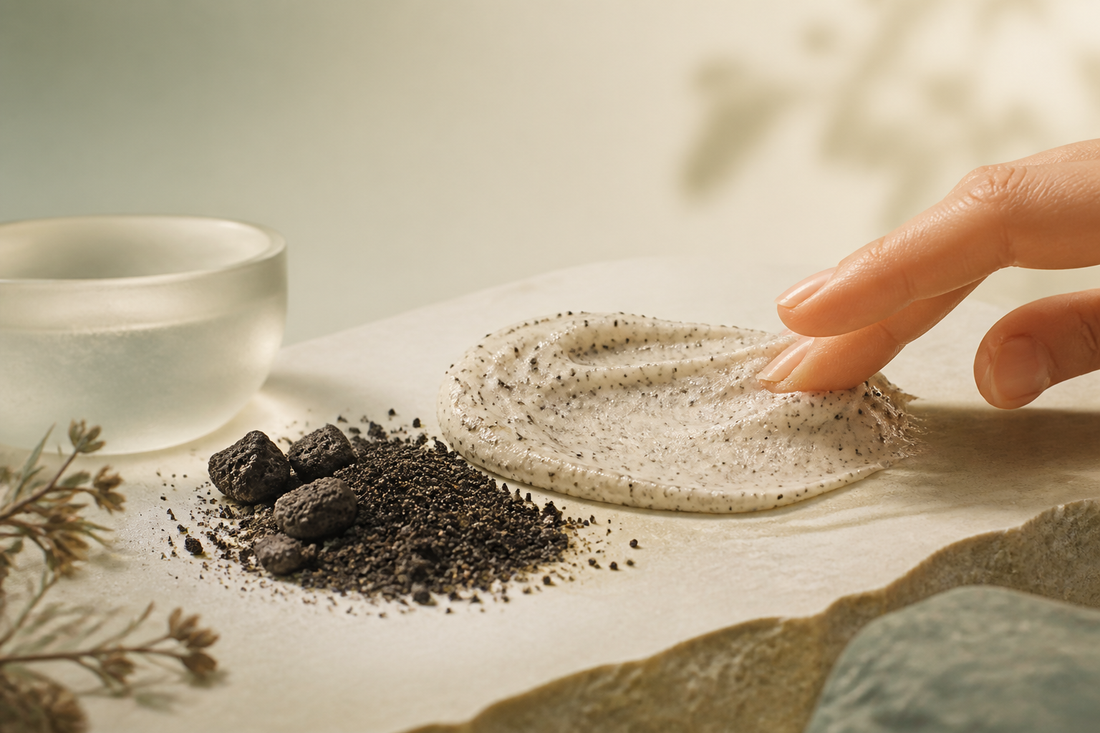 Fine volcanic mineral grains beside a smooth ivory exfoliant swatch