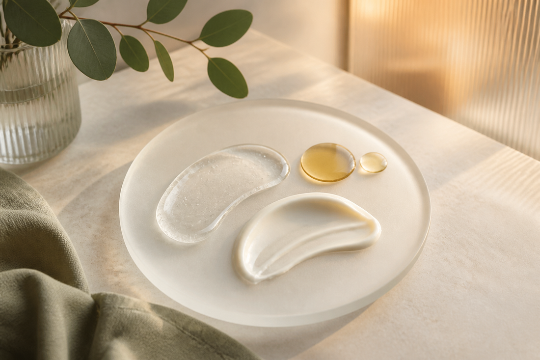 Layered clear gel, ivory cream and amber oil textures against a soft winter-neutral setting