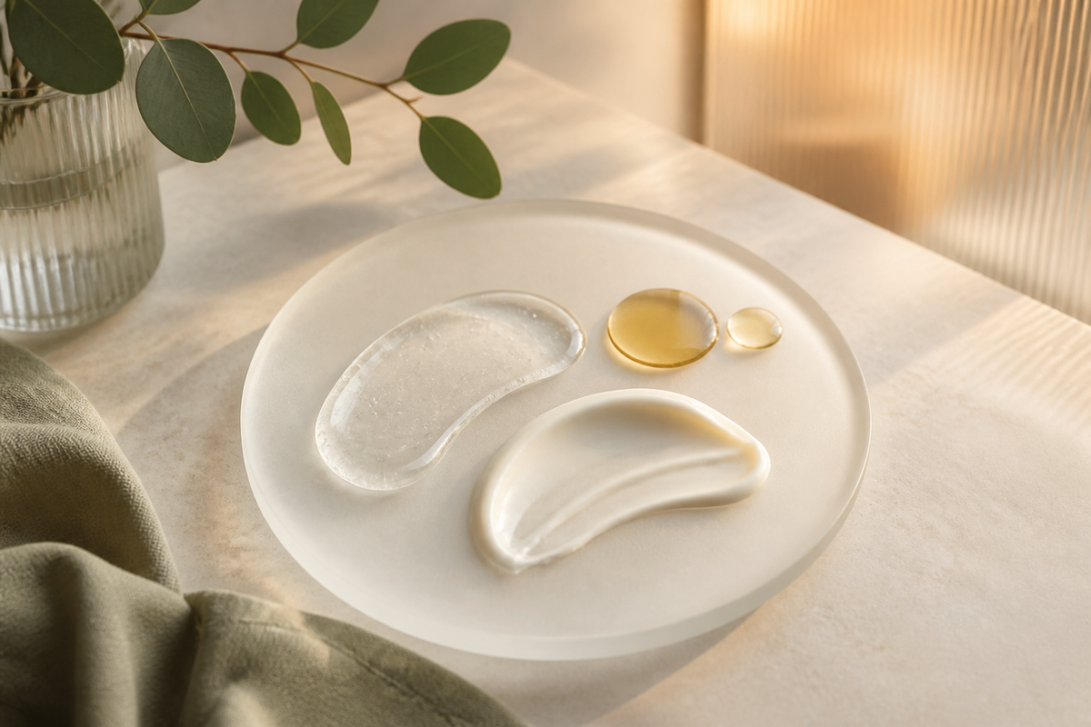 Layered clear gel, ivory cream and amber oil textures against a soft winter-neutral setting