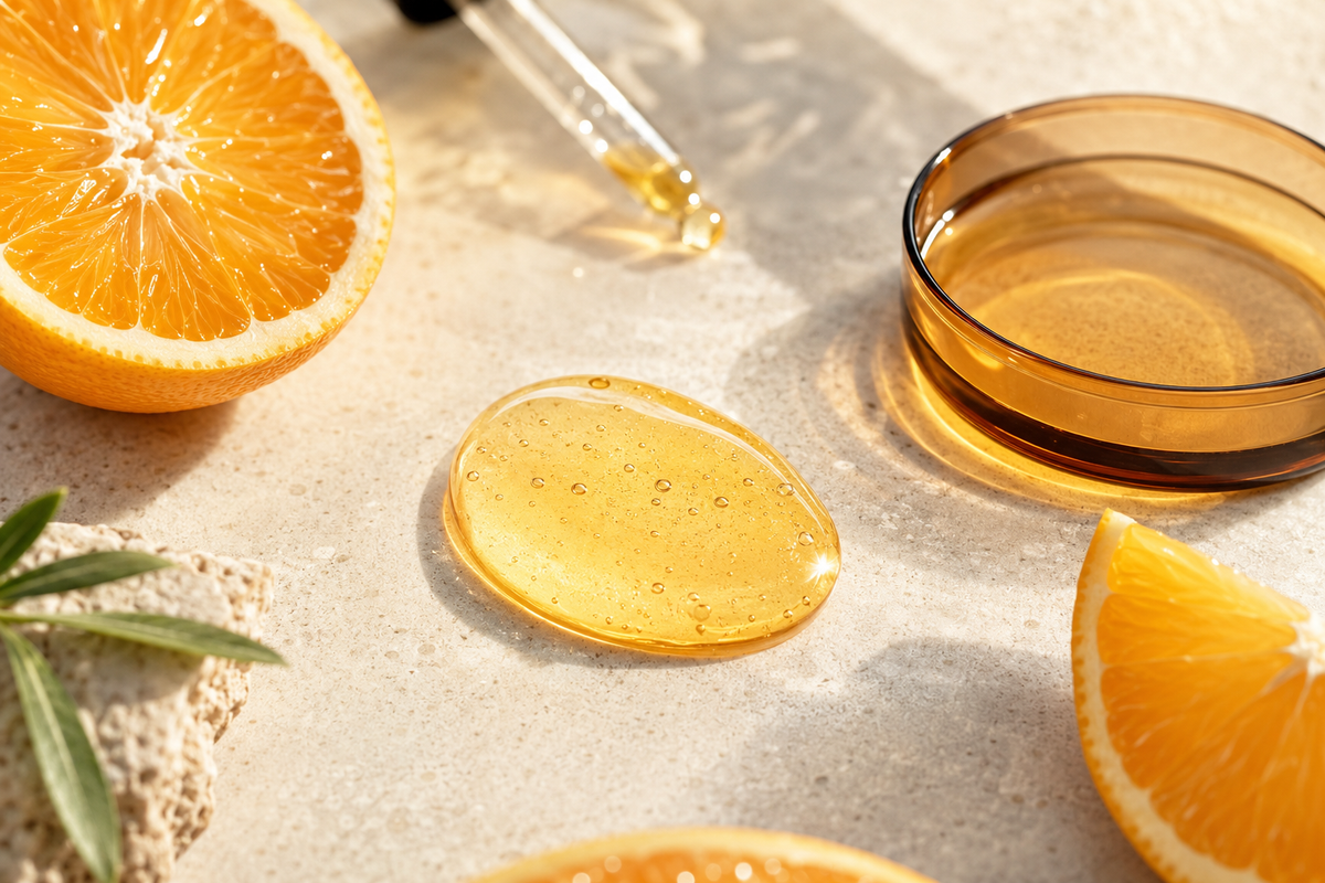 Vitamin C skincare serum with fresh citrus on a warm stone surface